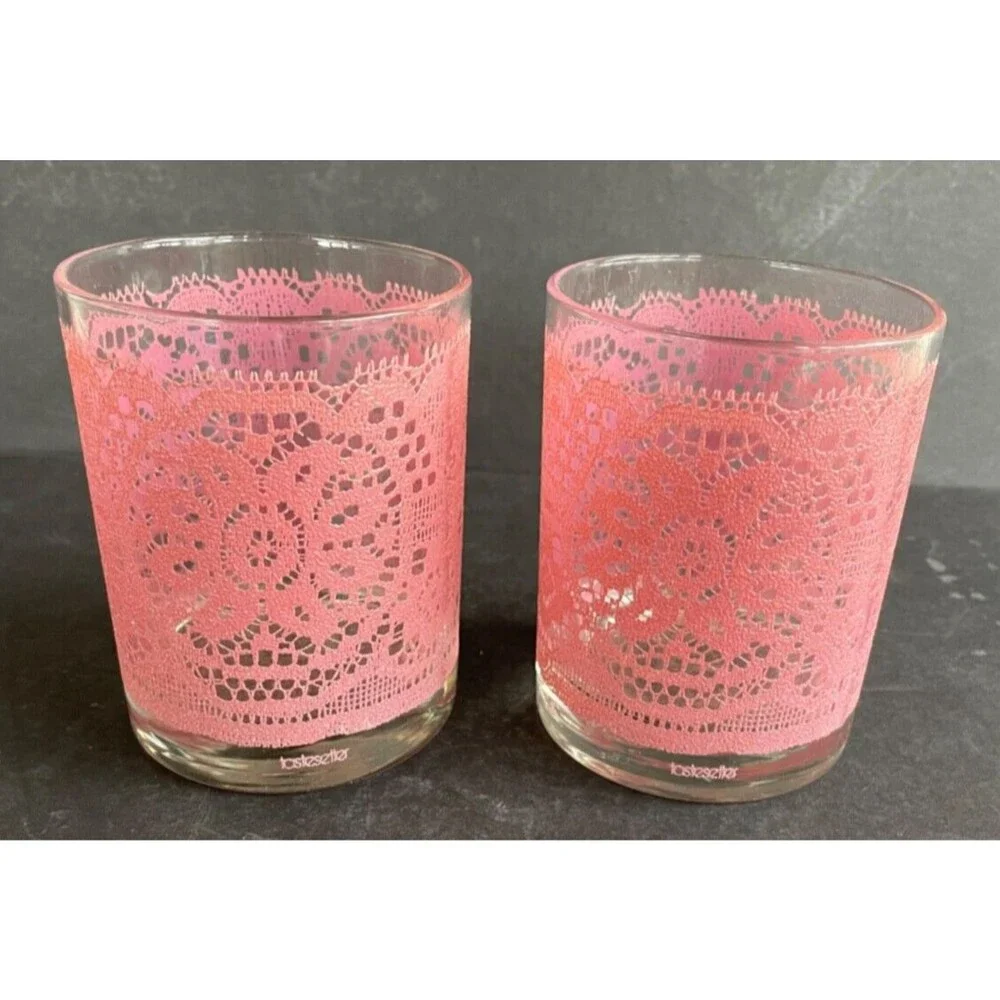 Set of 6 MCM Barware Highball Glasses Pink Lace TasteSetter Vintage Retro RARE